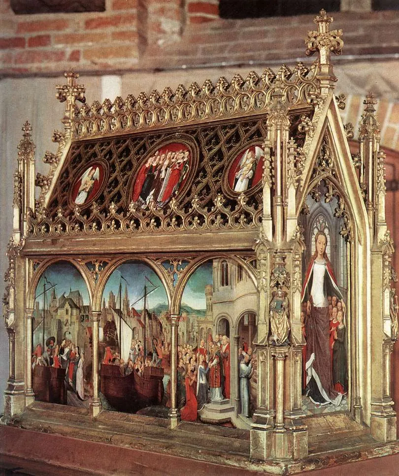 Gilded wooden reliquary shaped like a Gothic chapel, with painted panels.