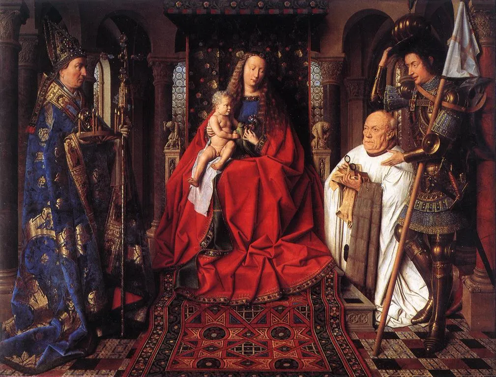 The enthroned Virgin with the canon kneeling at her right.