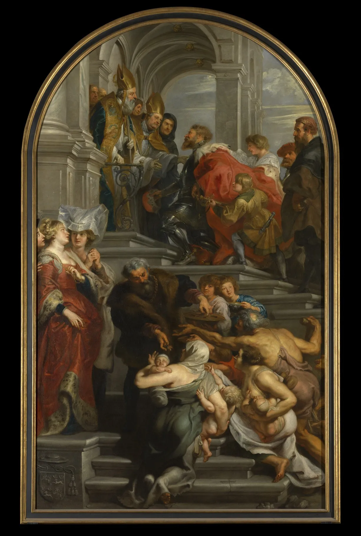 Baroque canvas showing St Bavo climbing the steps of the church.
